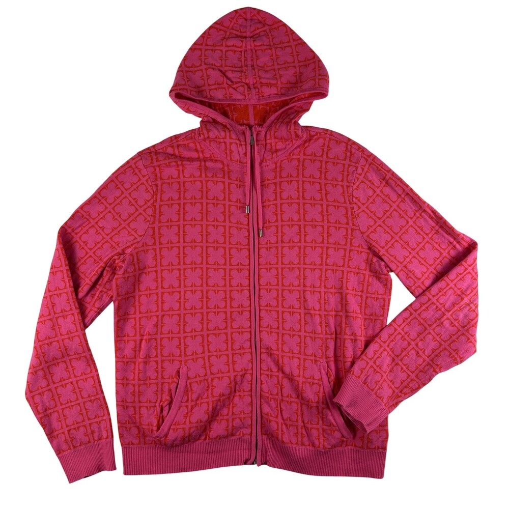 Liz Claiborne Sweater Womens Large Pink Hooded Full Zip Geometric Pattern Knit